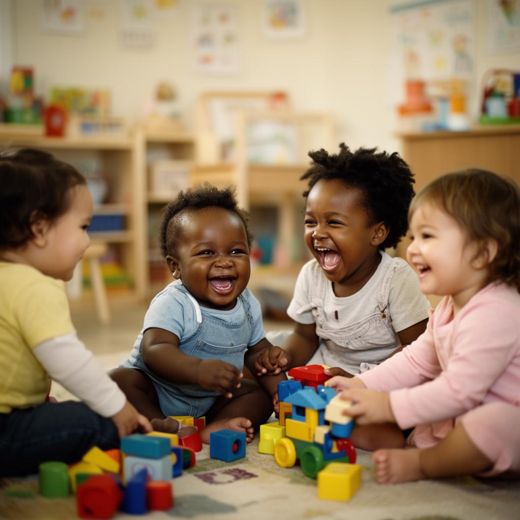 Diverse children playing together in a cozy daycare